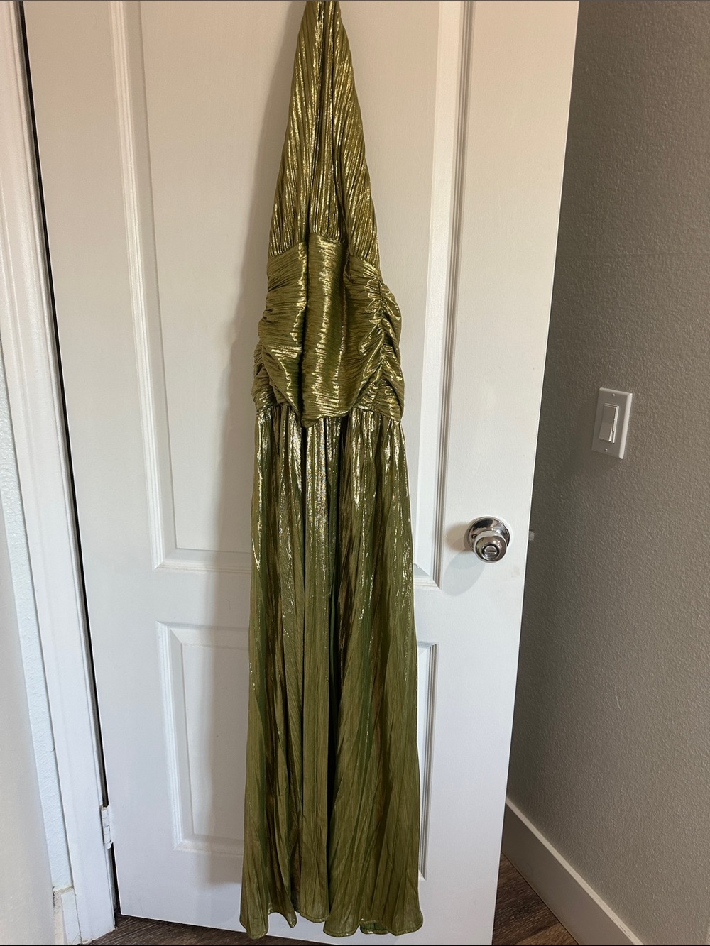 Shimmery Olive Green Halter Evening Gown